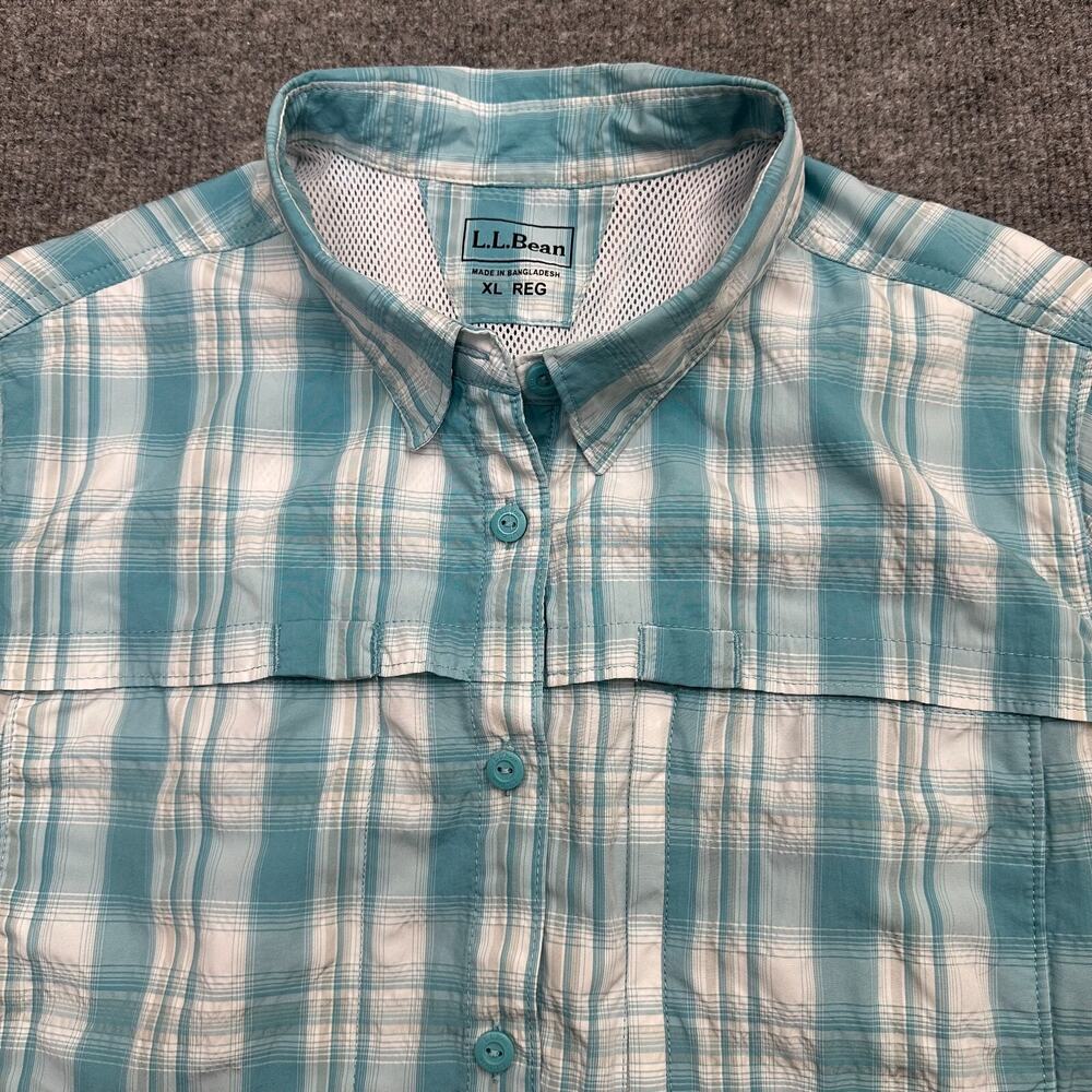 LL Bean Short Sleeve Vented Shirt Blue Womens XL Reg Stretch Fish Outdoor Hike